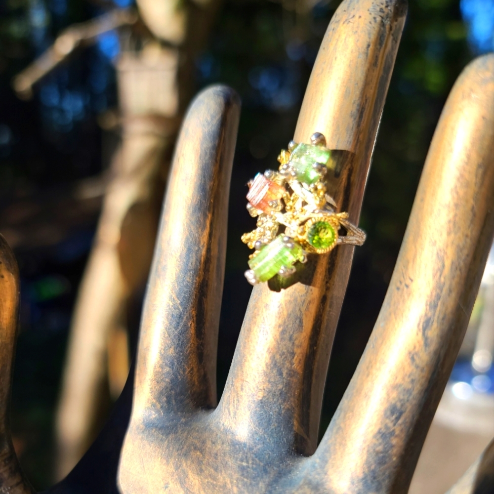 Turmulene green ocean & watermelon 🍉 w/Peridot sterling & gold ring sz6.5 - Picture 3 of 11